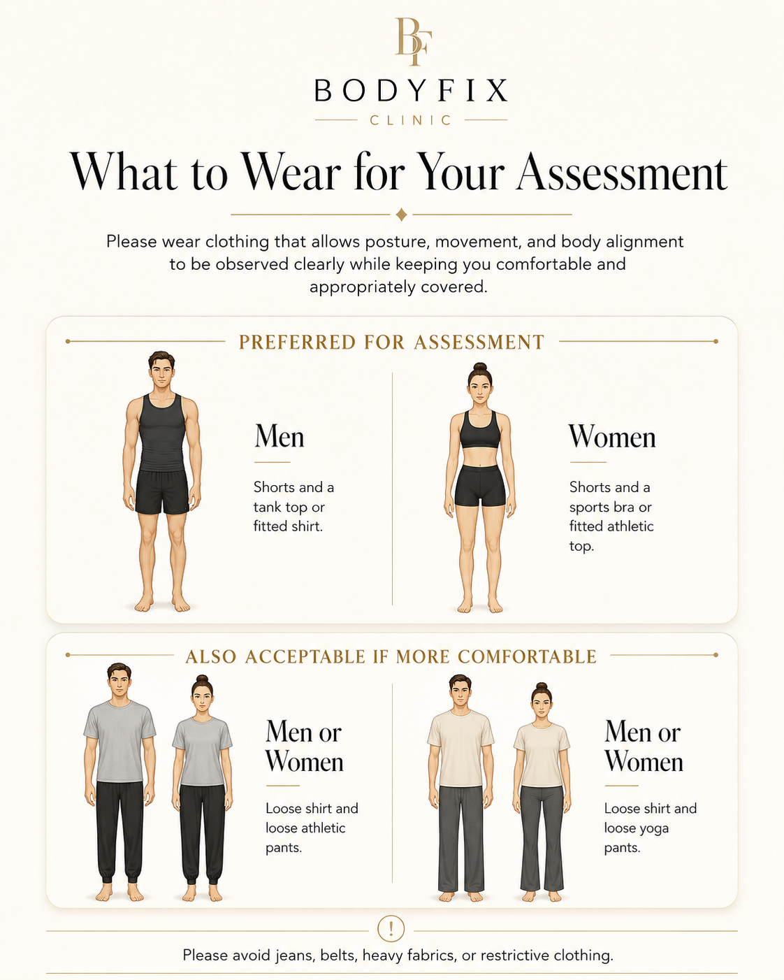 BodyFix clothing guide showing preferred shorts and fitted athletic clothing, with loose athletic clothing as an acceptable option.